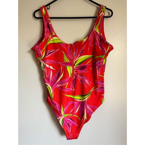 Old Navy Womens Red Floral Half Zip One Piece Swimsuit sz L Vacation Beach‎ - Picture 4 of 7